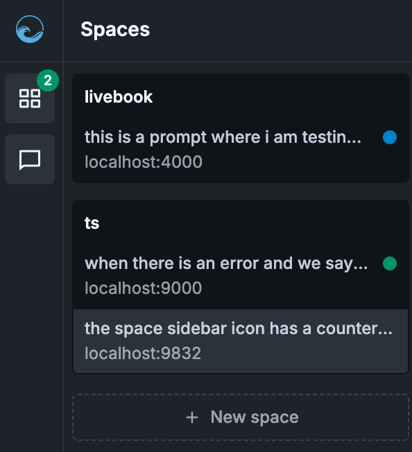 Spaces, with different statuses